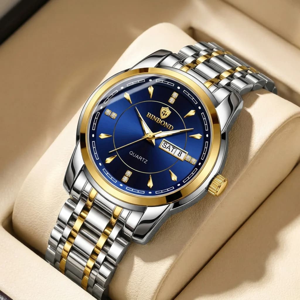 Orologio da Uomo con Cinturino Bicolore, Quadrante Blu, Doppio Calendario, Movimento al Quarzo, per Uso Quotidiano e Casual, Display Chiaro