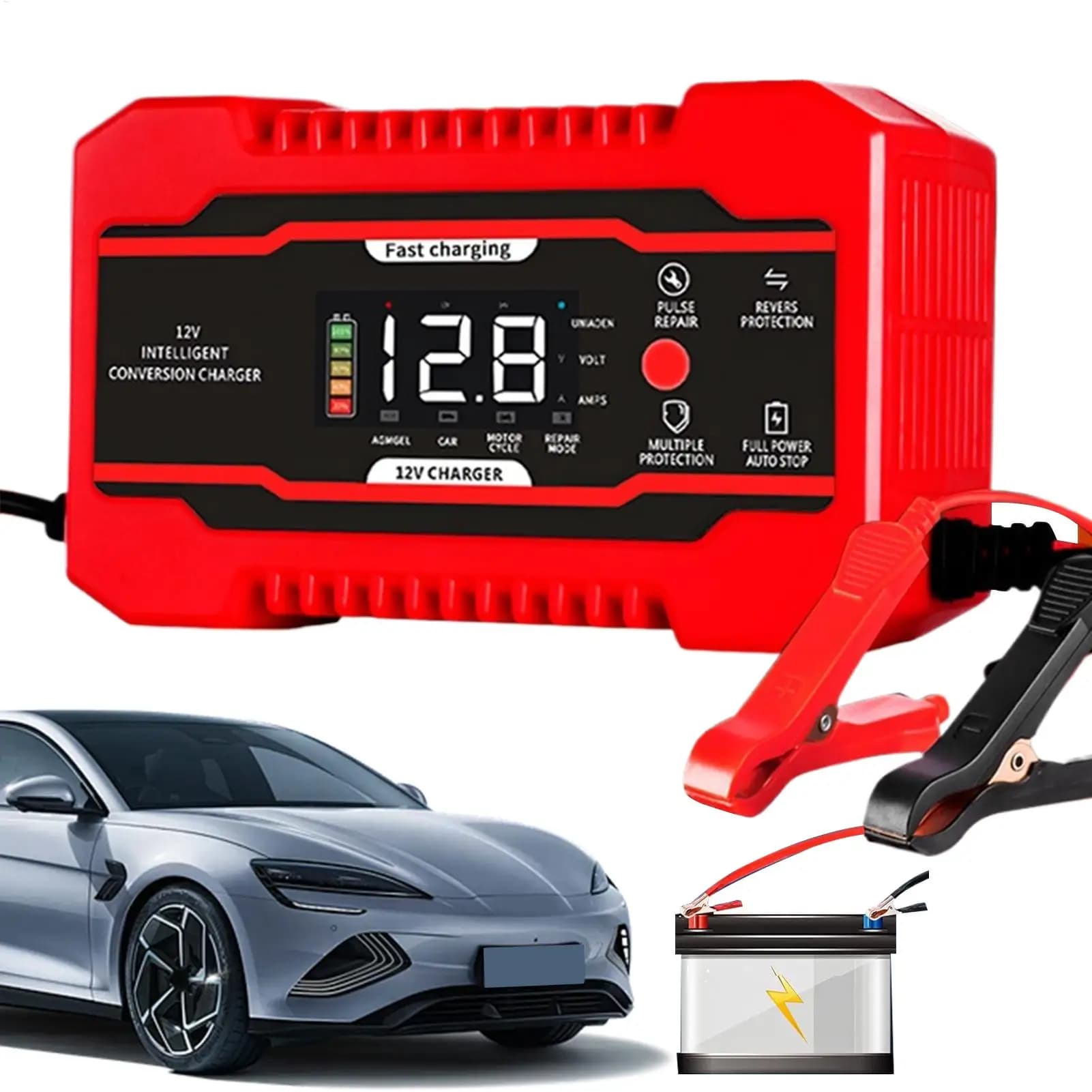 Caricabatterie Automobile 12V6A Batteria per moto Caricatore rapido Ricarica per veicoli Attrezzatura per manutenzione per auto Moto