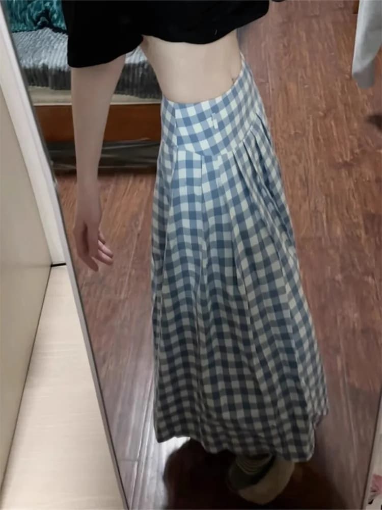 High Waist Plaid A-Line Midi Skirt Korean Style Design Spring Summer Women's Fashion Commute Folded Skirt Loose Fit