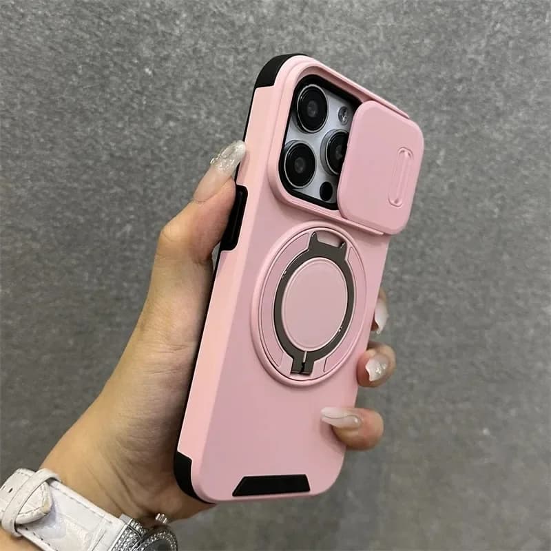 Custodia con staffa magnetica per armatura robusta e resistente di lusso per iPhone 16 15 14 13 12 11 Pro Max Plus Protezione per fotocamera scorrevole Copertura per PC