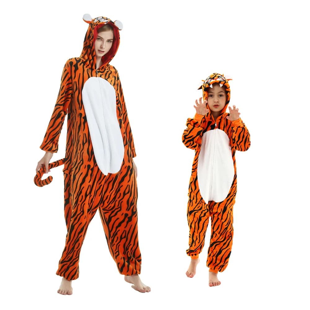 Tiger Kigurumi costumi per uomo donna e bambino famiglia abbinamenti abiti inverno flanella pigiama tutina tute coperta Sleeper