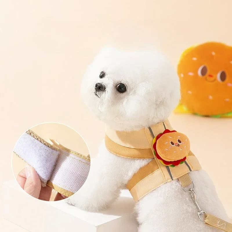 Pettorina per Animali Domestici con Guinzaglio per Gatti e Cani, Design Cartone Animato Hamburger e Patatine, Guinzaglio da Passeggio Anti-Fuga, Collare per Gatti