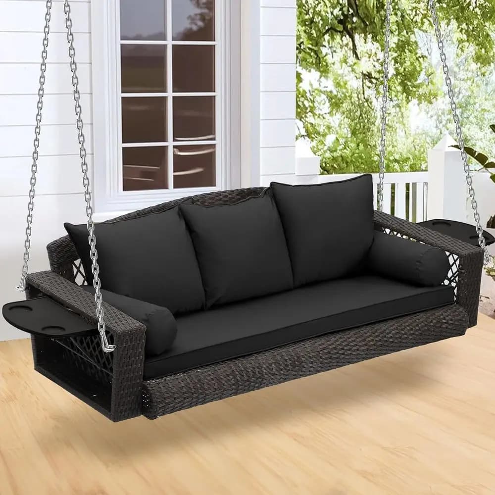 3-Person Hanging Porch Swing, Outdoor Wicker Swing Chair, 76 Inch Bench with Cushion and Adjustable Chain or Patio Backyard Gard