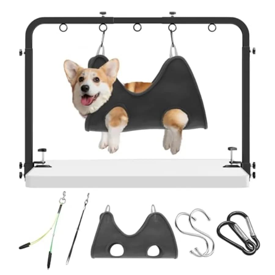 Braccio Regolabile per Toelettatura Animali Domestici da Tavolo: Altezza 42'' e Larghezza 27''-39'' con Morsetto Adattabile fino a 2.76'' Include Amaca e 2 Anelli Anti-Spinta