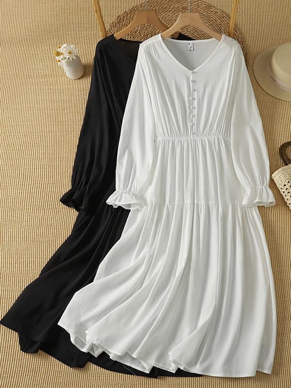 Slim Fit Long A-Line Dress V-Neck High Waist Long Sleeve Autumn Fashion plus Size Women's Dress Youthful Flared Skirt