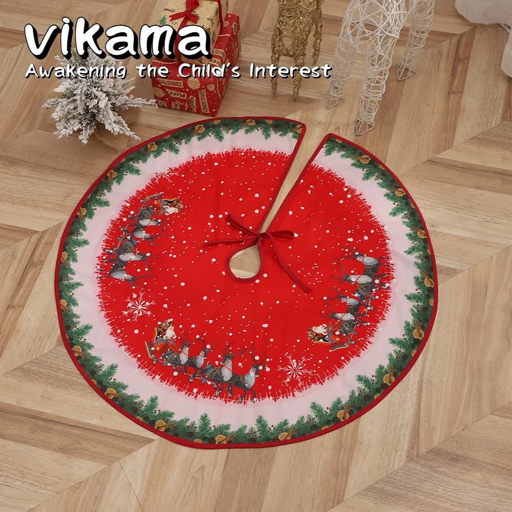 VIKAMA Christmas Tree Skirt, Cartoon Reindeer Pattern, Festive Decorative Round Mat, Christmas Party Home Decor Celebration Rug