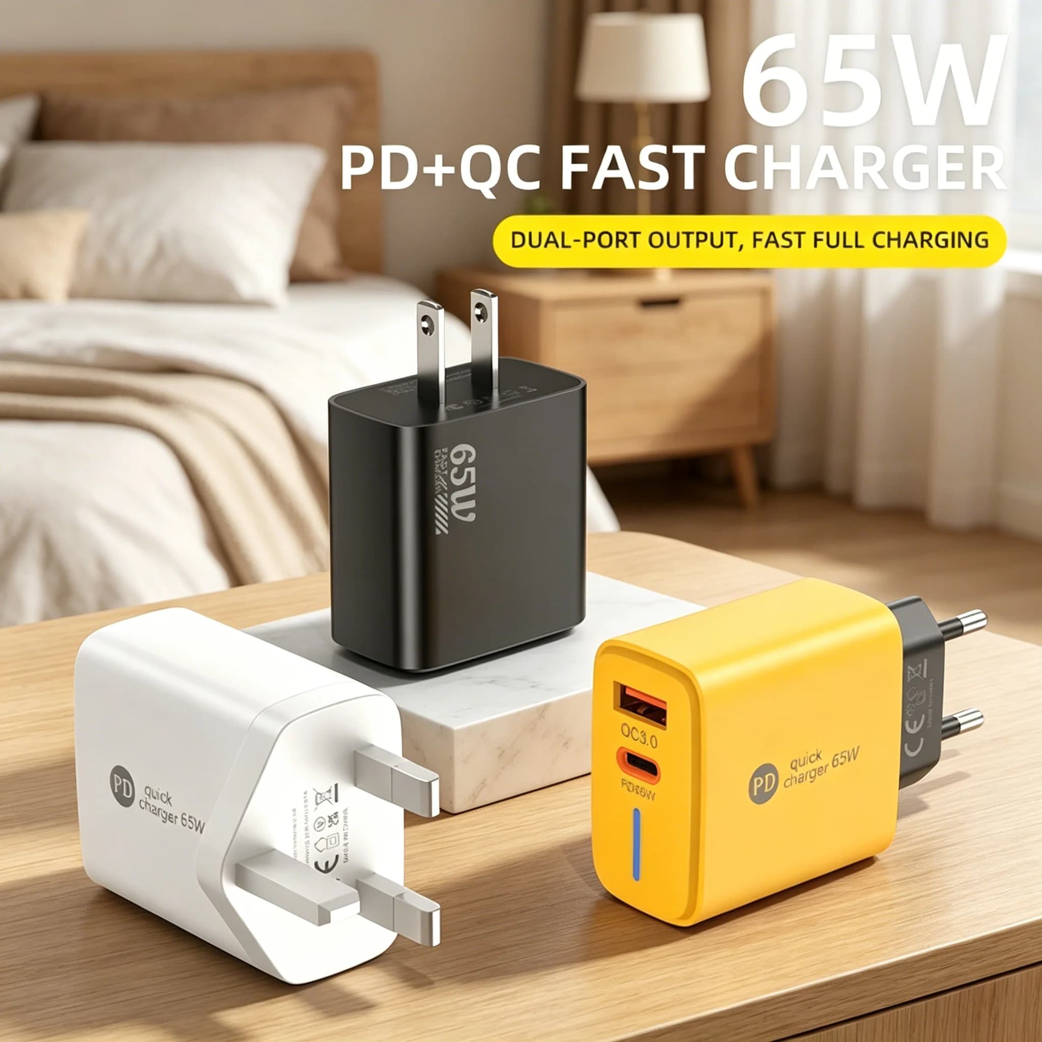 USB 65W Charger PD Fast Charging Mobile Phone Wall Charger Quick Charge3.0 Power Adapter EU/US/UK Plug For iPhone Samsung Xiaomi