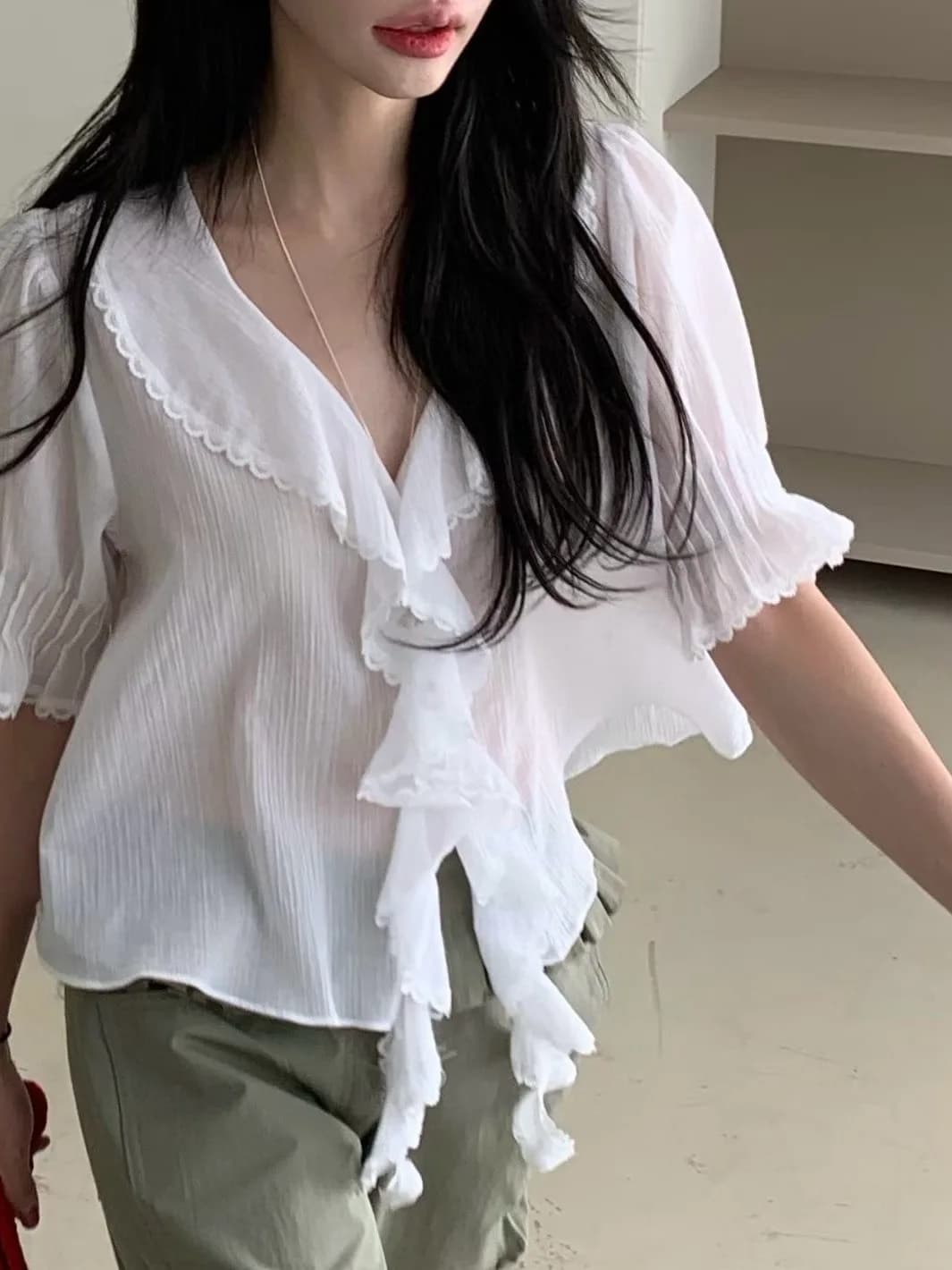 Camicia da Donna alla Moda Dongda Gate, Nuova Tendenza, Versatile ed Elegante, con Colletto Rovesciato e Finiture in Pizzo, Blusa Estiva in Poliestere
