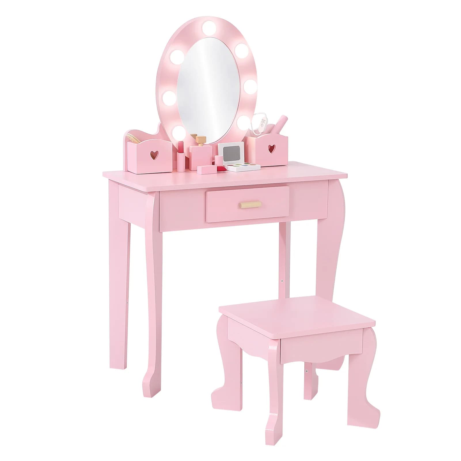 Kids Dressing Table with Lighted Mirror Dressing Table and Chair Set Girls Makeup Playset Playroom