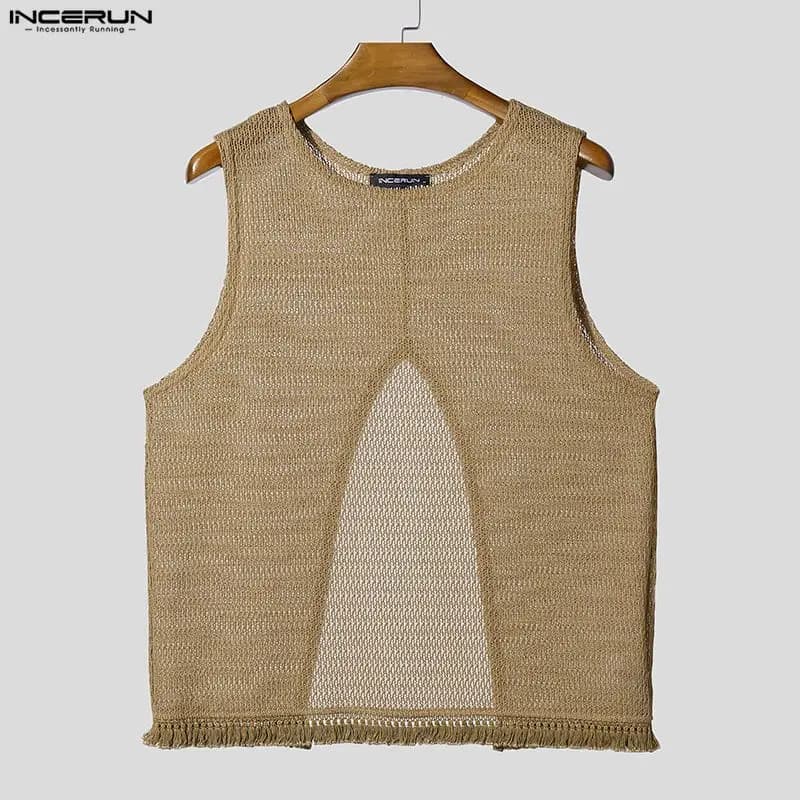 INCERUN Men Tank Tops Solid Color Tassel Backless Hollow Out Male Vests Summer Sleeveless 2026 Fashion Men Clothes Tops For Man