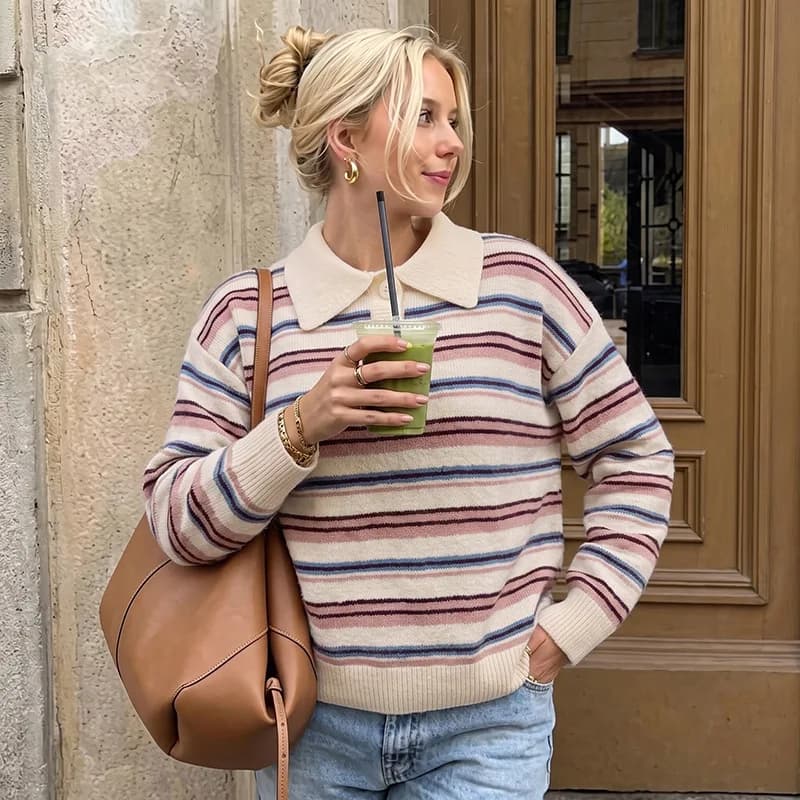 Women Pullovers Sweaters Polo Collar Tops Long Sleeve Vintage Jumpers Y2k Streetwear Elegant Knit Striped Autumn Winter 2026