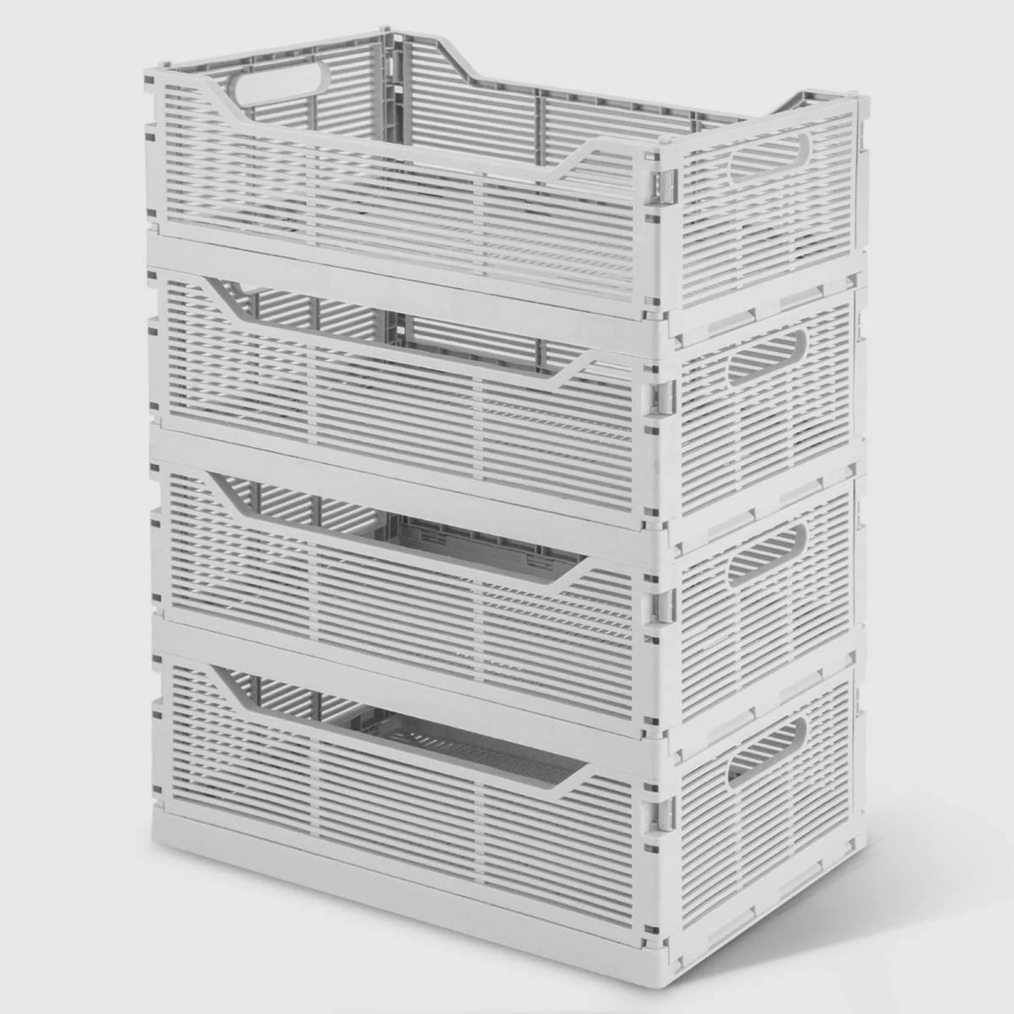 Desktop Folding Storage Basket Set of 4, Small Gray Stackable Plastic Storage Basket, Space-Saving Storage Basket, Drawer Cabinet Organizer Box
