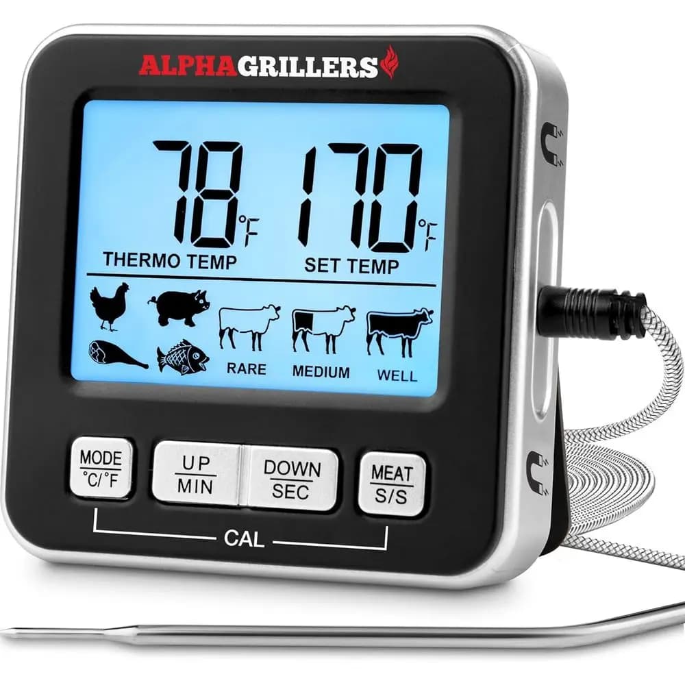 Digital Kitchen Oven Thermometer for Cooking Food, Grilling, BBQ Smoker - 7 Preset Temperature Alerts, Timer, Alarm, & Stainless