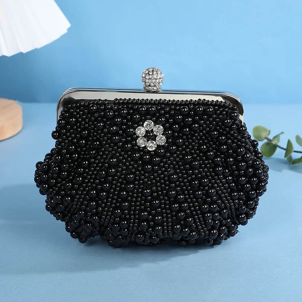 Borsa da sera alla moda ed elegante con perle di conchiglia, borsa da viaggio per cosmetici, borsa versatile tempestata di diamanti per