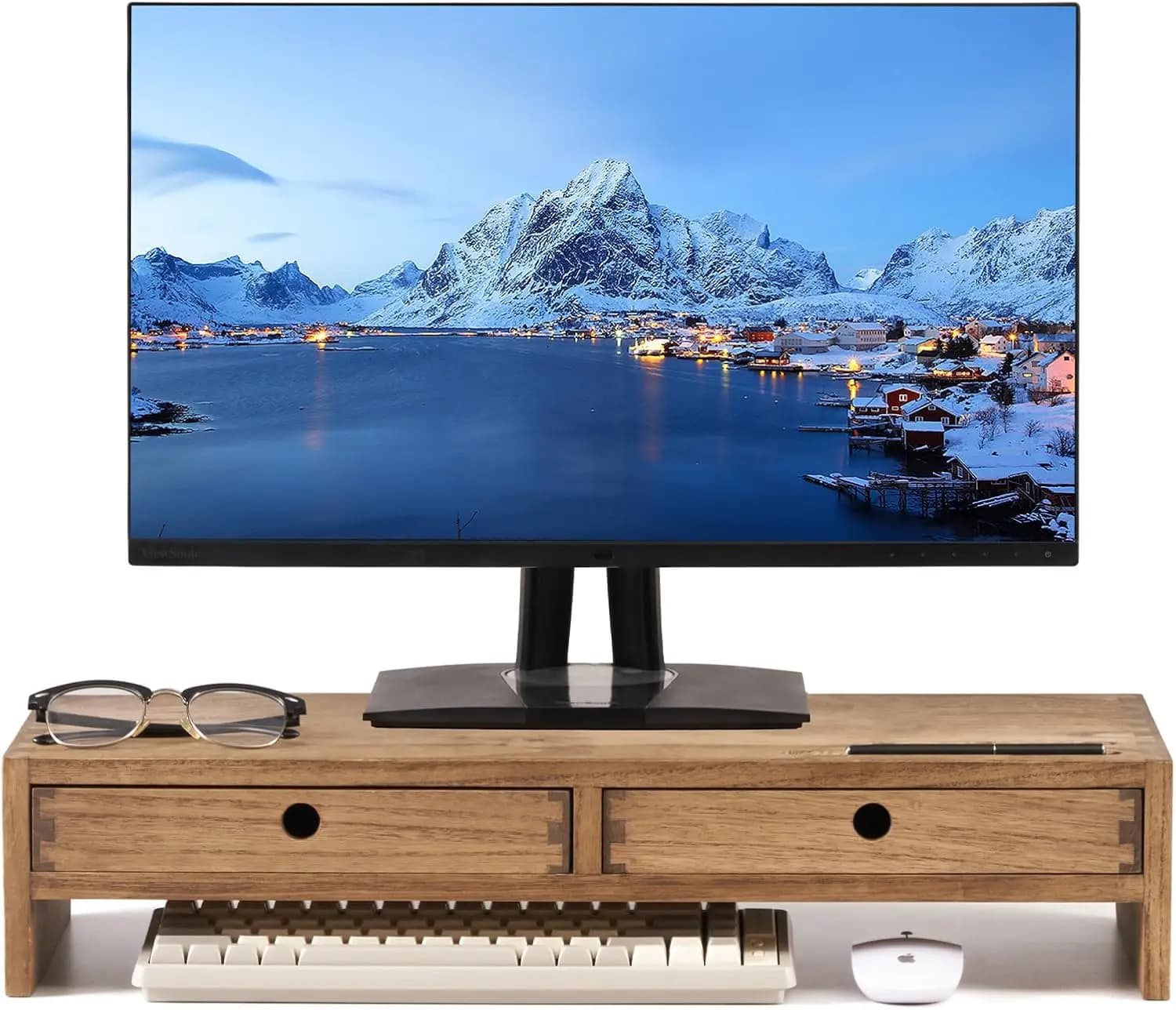 Support for Wood Monitor with Drawers, Desk Ergonomic Organizer for Computers and Laptops, Dark Brown