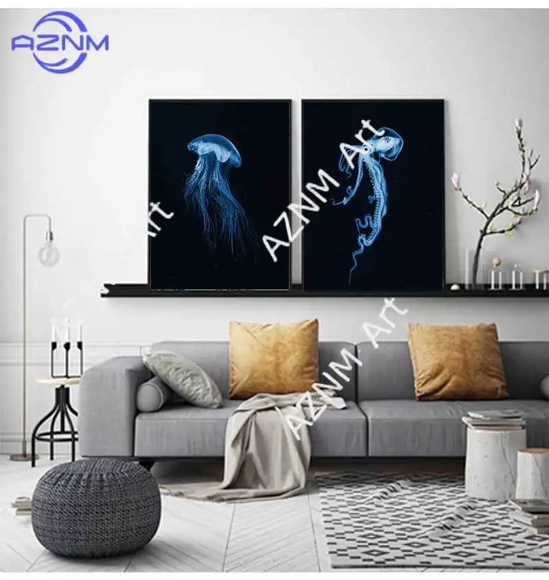 Retro Sea Animal Cyanea Jellyfish Squid Shark Minimalist Art Poster Canvas Painting Wall Prints Picture Living Room Home Decor