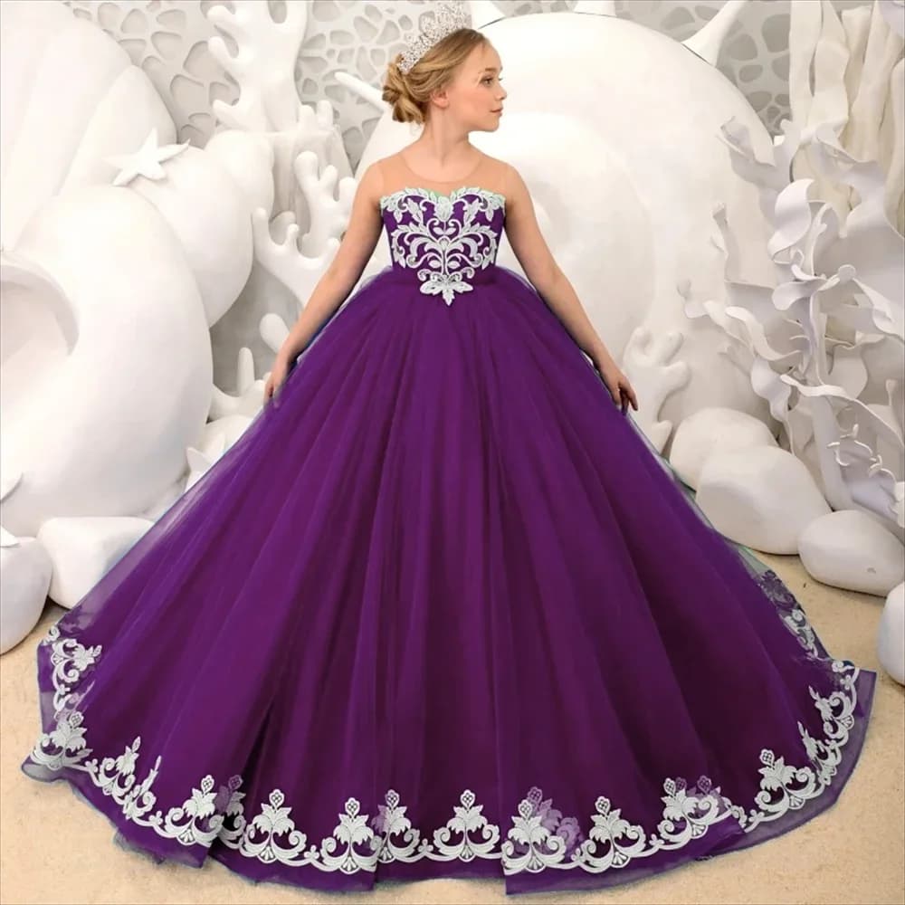 Elegante abito da ragazza di fiore viola con applicazioni in tulle reale con fiocco senza maniche per bambini, matrimonio, compleanno, festa, principessa, abito da sera