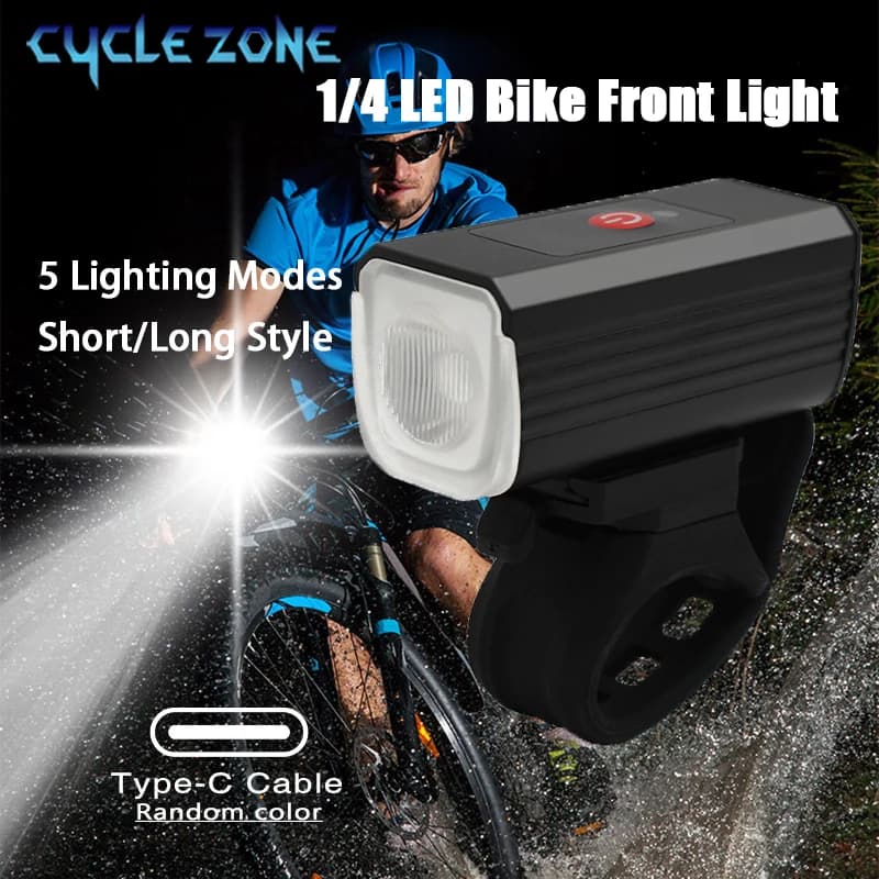 1/4 LED Bike Front Light Type-C Rechargeable Bicycle Headlight with 5 Lighting Modes Short Long Style Night Cycling Safety Lamp