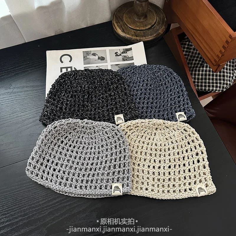 Solid-color Hollowed-out Cap Hat for Women, Bright Silk, Summer Casual and Versatile Thin Woven Hat