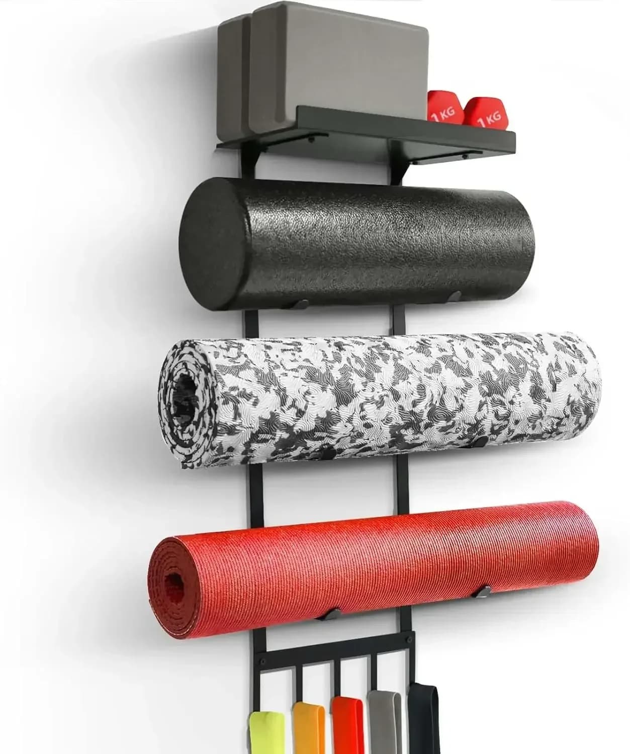 Yoga Mat Holder Wall Mount, Home Gym Storage Rack with Top Floating Shelf, 4-Tiers Holding Yoga Mat/ Blocks/ Rollers and Decorat