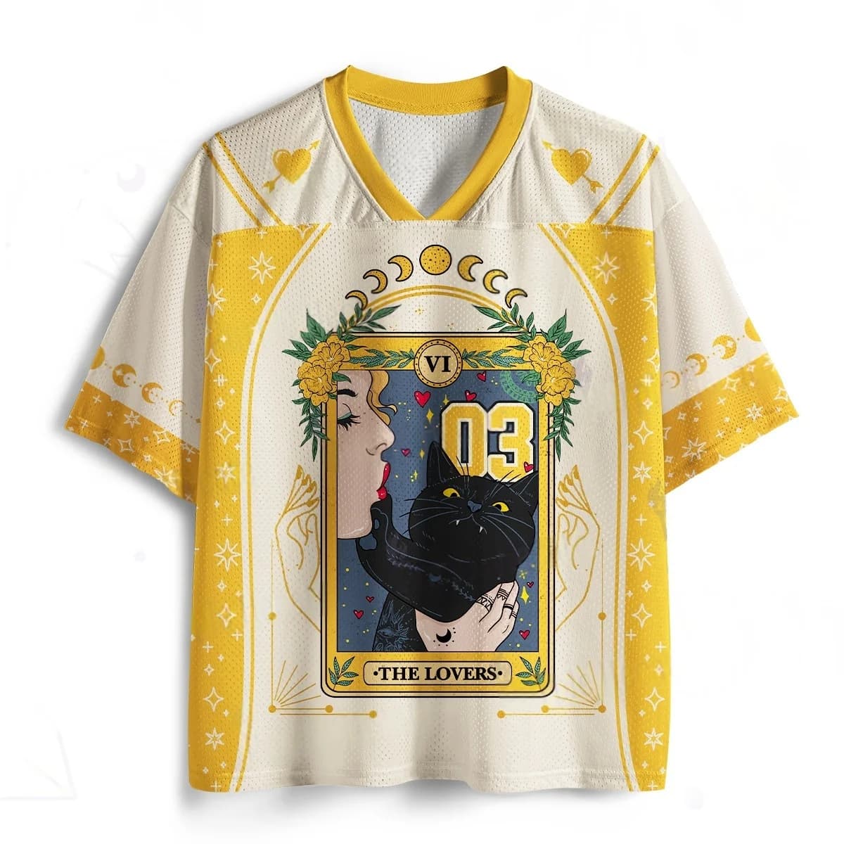 Maglietta con stampa Tarot Gatto Nero 03 Jersey Mystery Moon, gialla e bianca, in rete, con scollo a V, per adulti e bambini