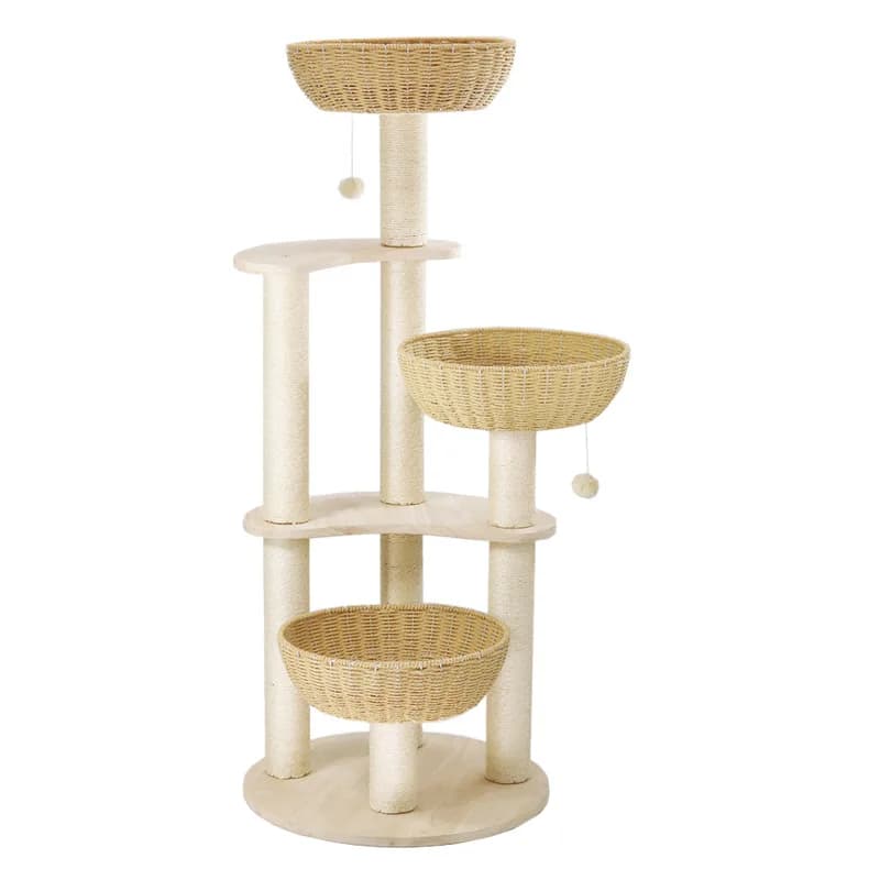 EcoMeows 136 cm-Rattan naturale condominio-grandi mobili da gioco per gatti-Moderna albero per gatti-clamiera post persico-lettino