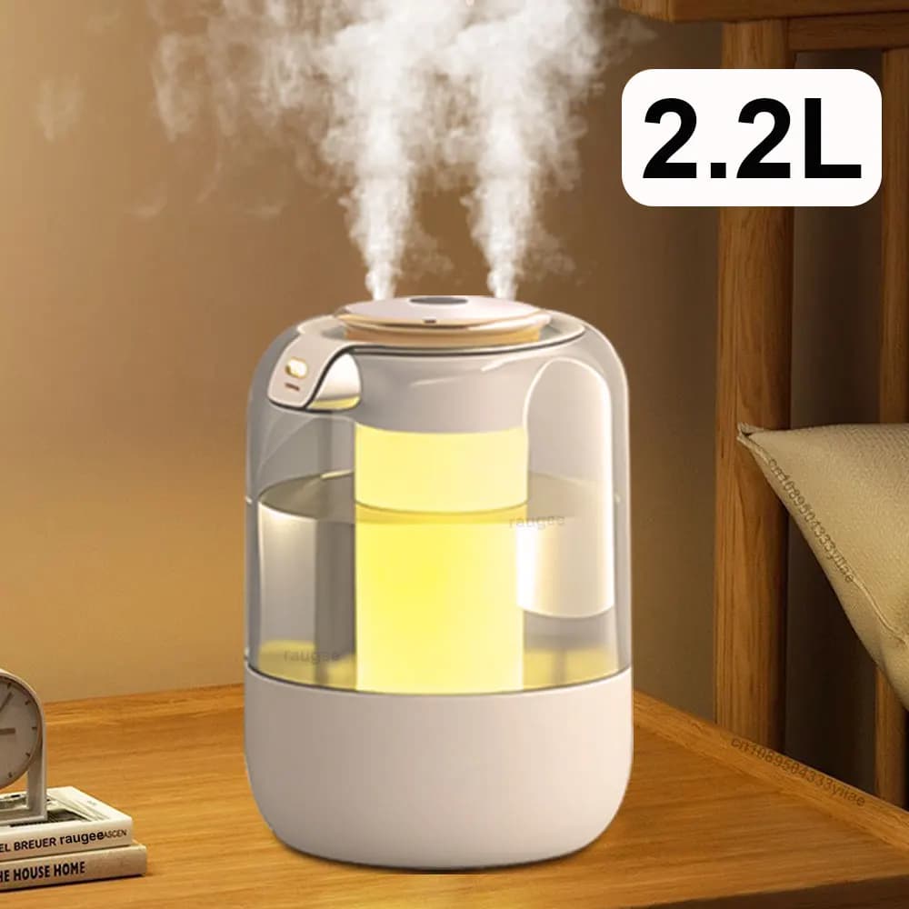 Umidificatore d'aria Umidificatore domestico di grande capacità da 2,2 litri Mute Mist Maker Umidificatore USB a doppio ugello per camera da letto con luce notturna a LED