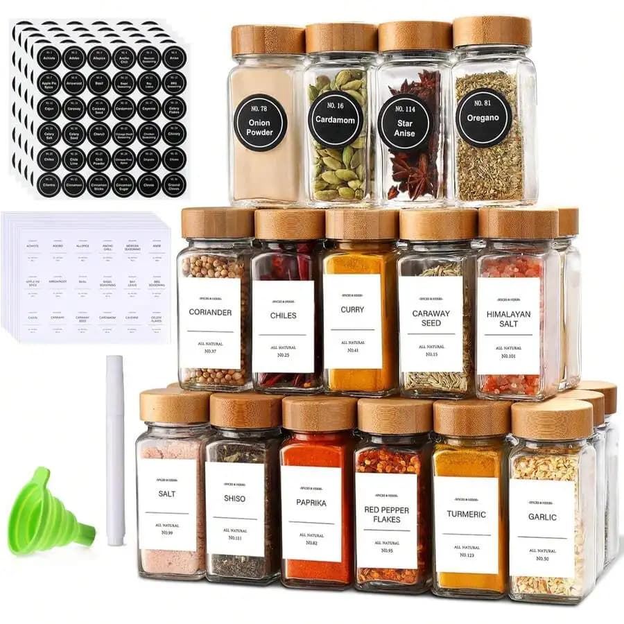 12 Compact Bamboo Seasoning Storage Boxes, Suitable For Countertops And Kitchen Drawers, Filled With Spices.