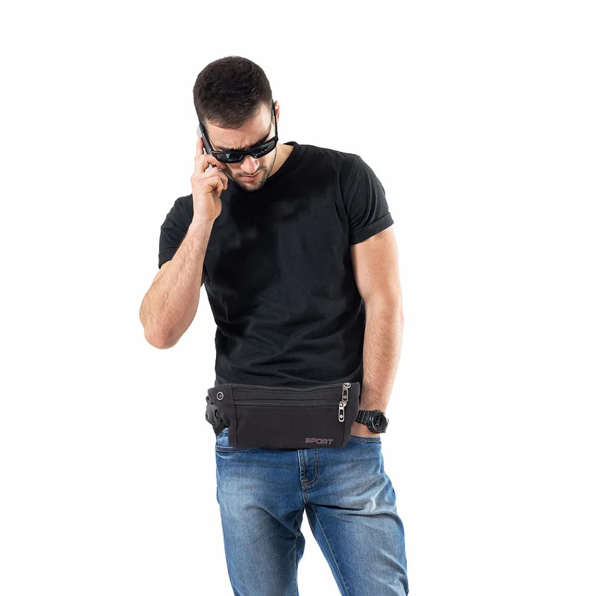 Marsupio Sportivo Leggero Impermeabile con Cintura Regolabile in Tela per Corsa, Escursionismo, Ciclismo, Porta Cellulare Nero per Uomo