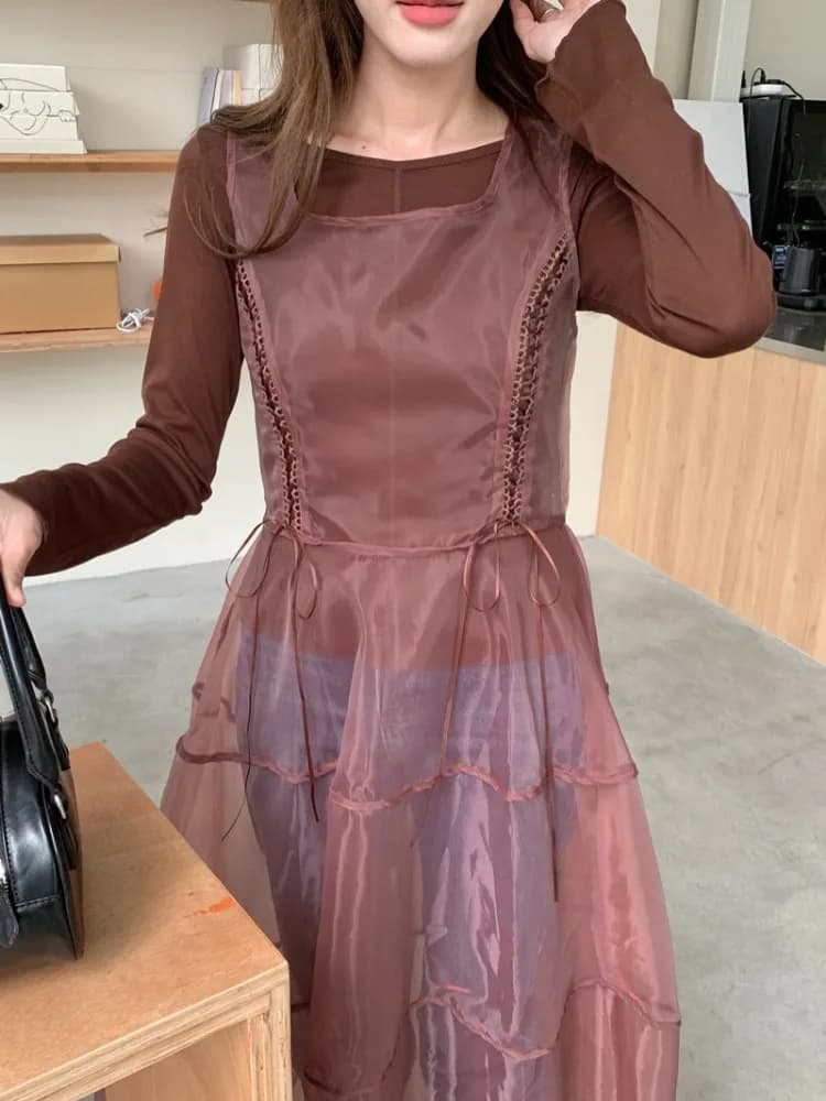 Abito e magliette con fasciatura a canotta lunga vintage da donna primavera estate Abiti a trapezio in organza femminile 2025