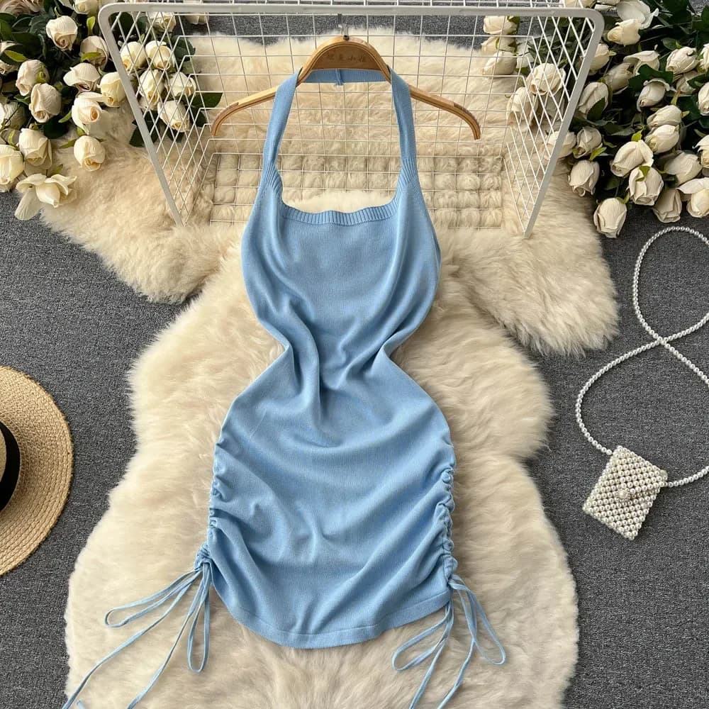 2024 Moda Y2K Solido Lavorato A Maglia Vestito Delle Donne Sexy Halter Backless Sottile Elastico Aderente Estate Breve MiniDress Streetwear Abiti