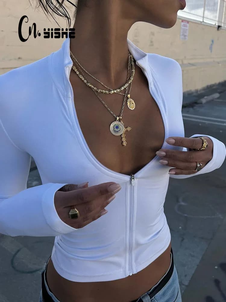 CNYISHE Solid Sexy Club Donna Body Moda Casual Cerniera Lunga senza maniche con scollo a V Streetwear Y2k Slim Top Tees Blusas femminili