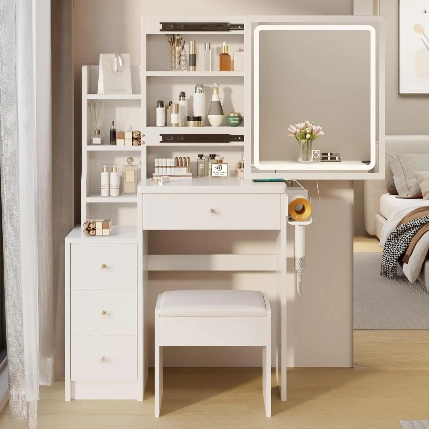 Toeletta Bianca da 74,2 cm con Luci a Specchio, 4 Cassetti, 5 Ripiani, Presa di Corrente, Porta Asciugacapelli, per Camera da Letto Ragazze e Donne, Personalizzabile