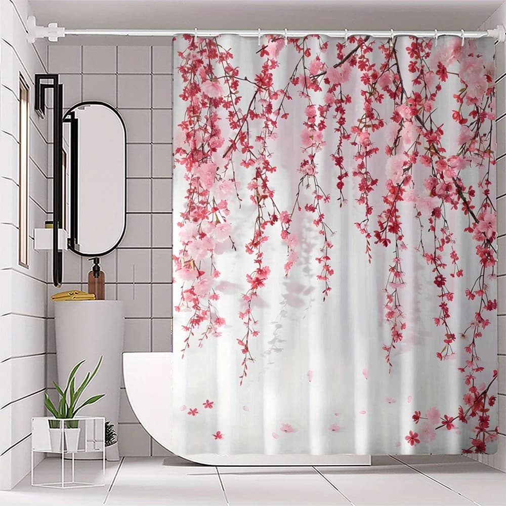 Tenda da doccia in poliestere con stampa digitale floreale rosa 1 pezzo senza punzonatura, con gancio, lavabile in lavatrice, modello cartone animato, con gancio