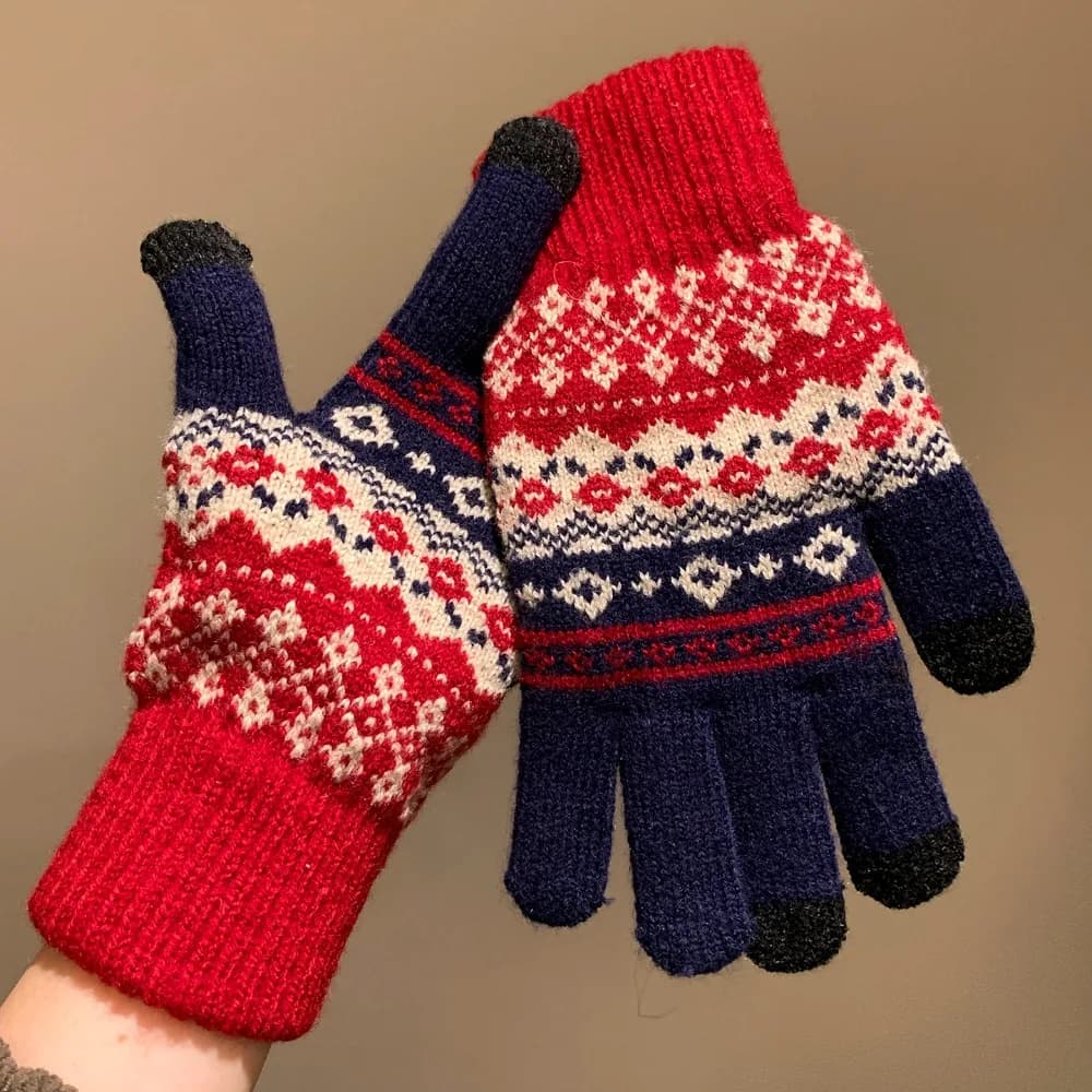 Guanti Invernali in Stile Fair Isle, Morbidi e Spessi, in Lana Stampata, Touch Screen, Rossi, per Donne, Ciclismo, Autunno