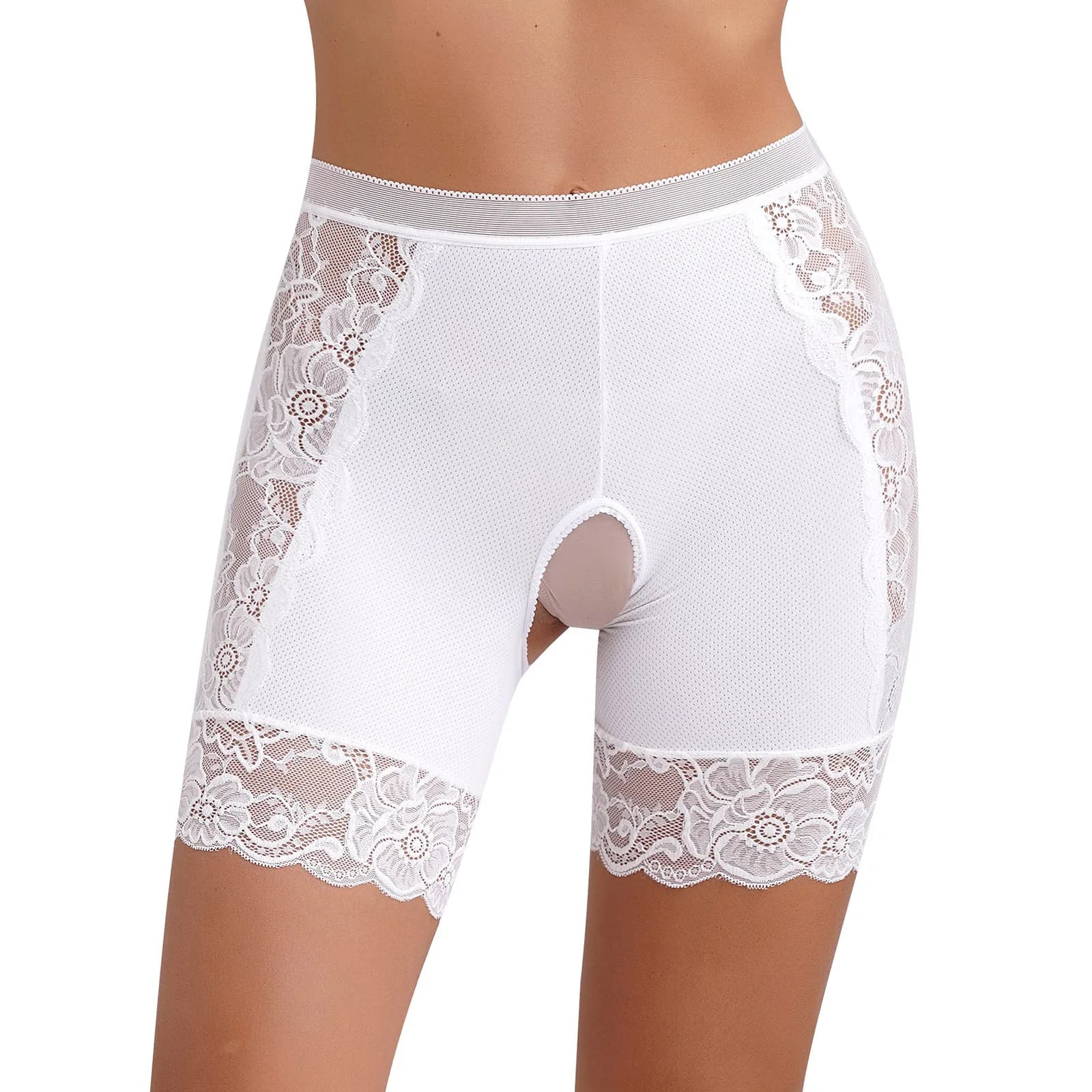 Womens Lace Open Crotch Underwear Knickers Solid Color Safety Shorts High Waist Skinny Boxers Briefs for Clubwear Dating Night