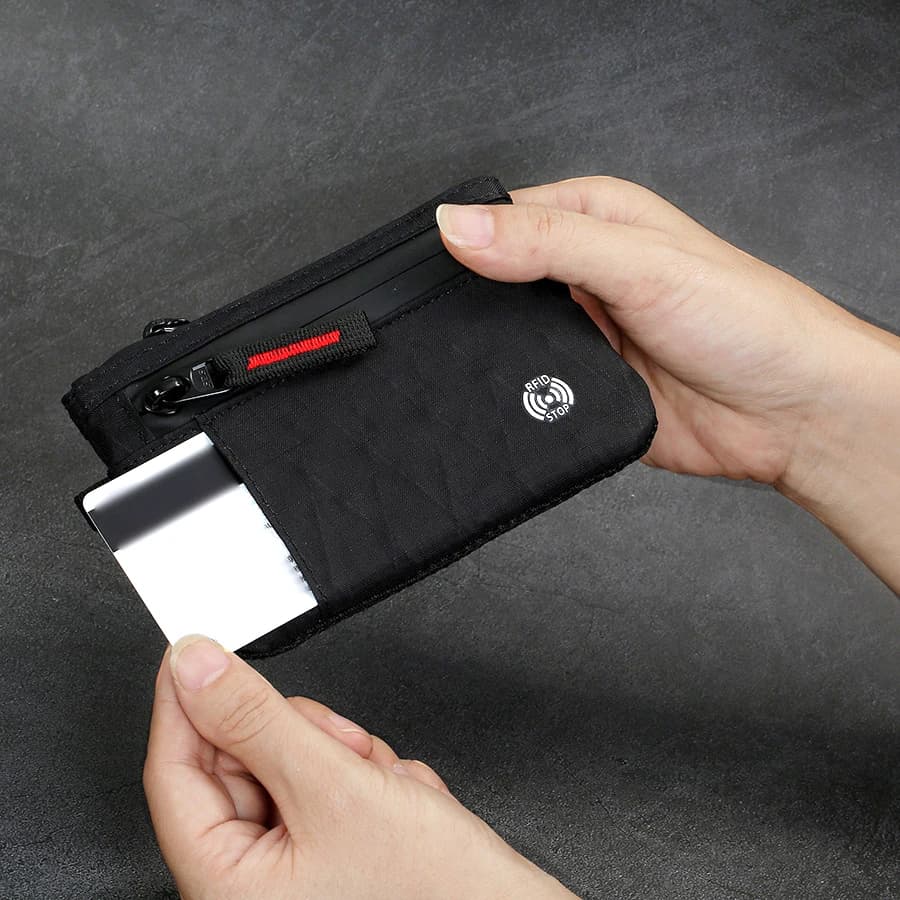 Portafoglio da viaggio con blocco RFID Custodia per carte chiave sottile antifurto per esterni con moschettone Portamonete in nylon Borsa da uomo Mini borsa