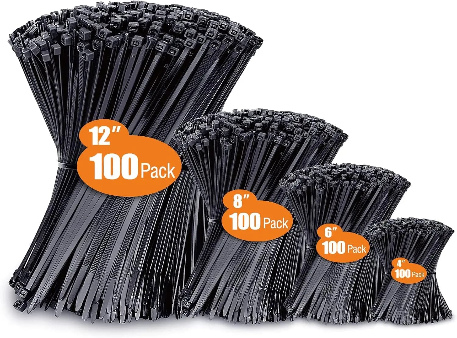Confezione da 400 Fascette Nere per Cavi, 4 Misure (10/15/20/30 cm), Resistenti ai Raggi UV per Uso Interno ed Esterno