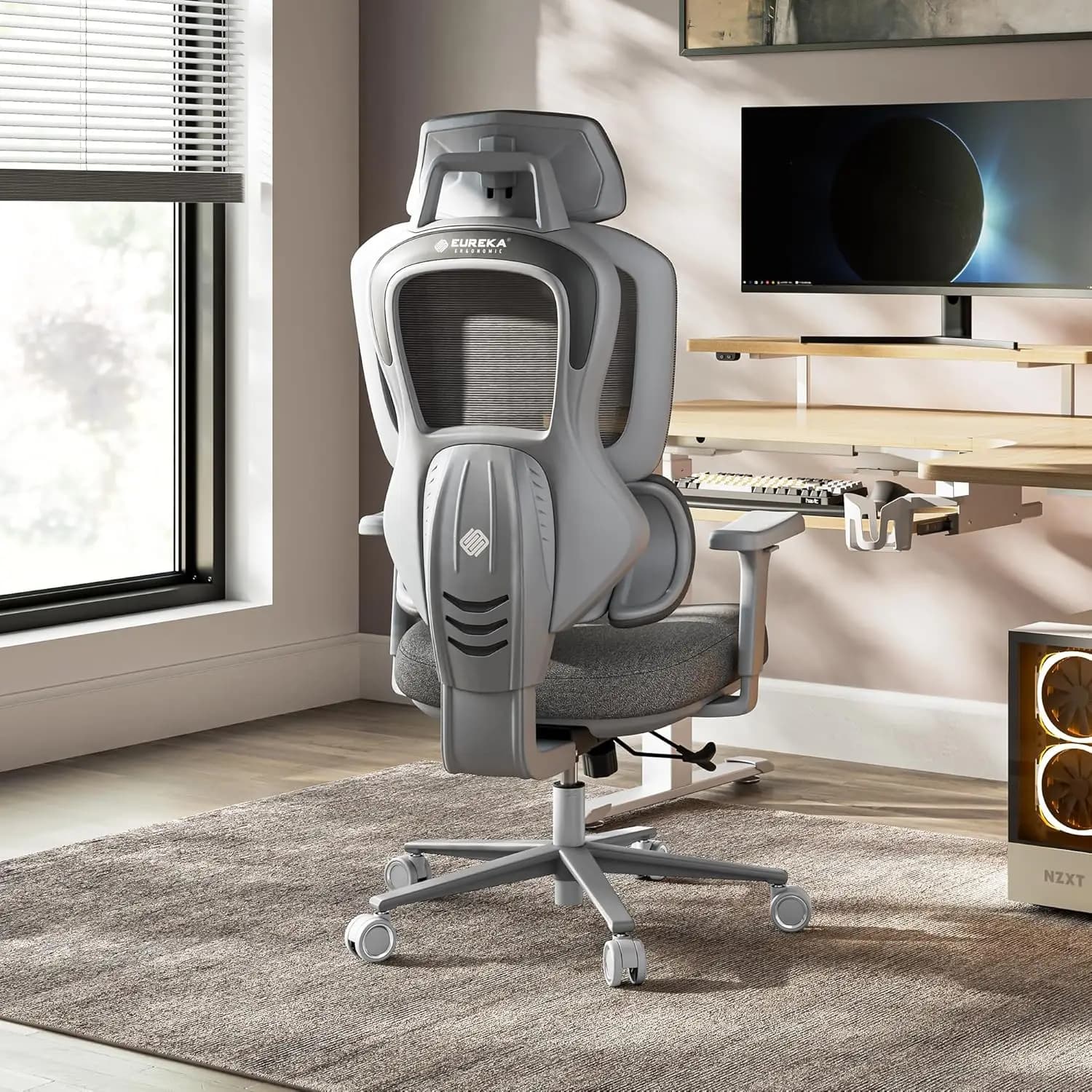 Sedia da Gaming Ergonomica con Schienale Alto in Rete, Braccioli e Poggiatesta Regolabili, per Ufficio e Casa, Grigio-Nero, Personalizzabile