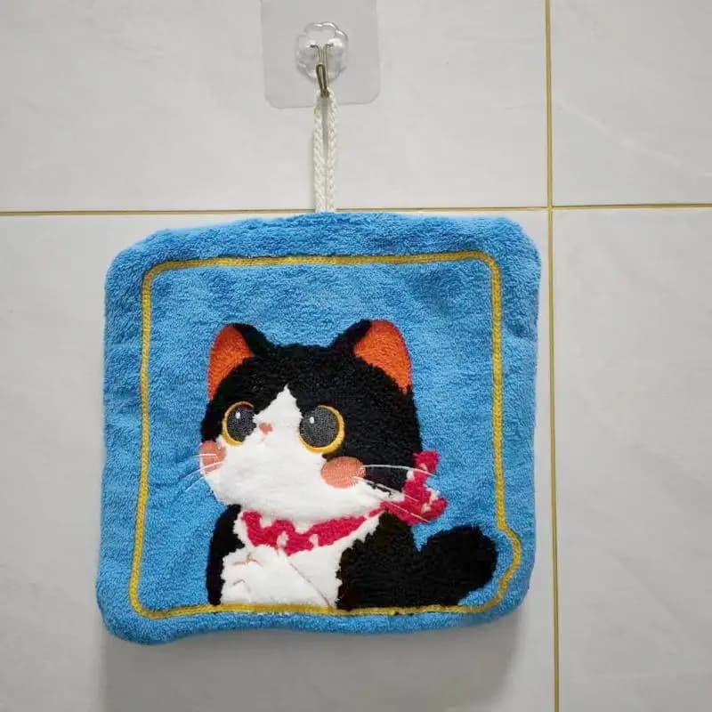 Nuovo Asciugamano in Velluto Corallo a Tema Cartone Animato per Cucina, Panno Assorbente per Pulizia a Forma di Gatto Kawaii, Asciugamano da Bagno Appendibile