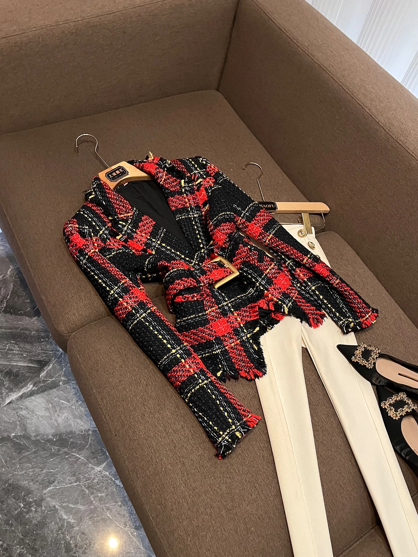 Slim Fit Plaid Woolen Jacket Belted Waist Design Fashionable Commute Style Long Sleeve Color Business Casual Coat