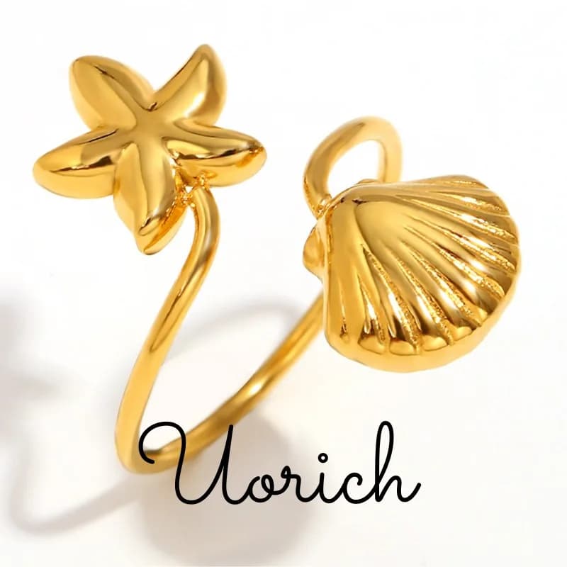 Uorich Anelli ridimensionabili con apertura di stelle marine e conchiglie in acciaio inossidabile a tema oceano estivo per donna Gioielli placcati in oro da indossare ogni giorno