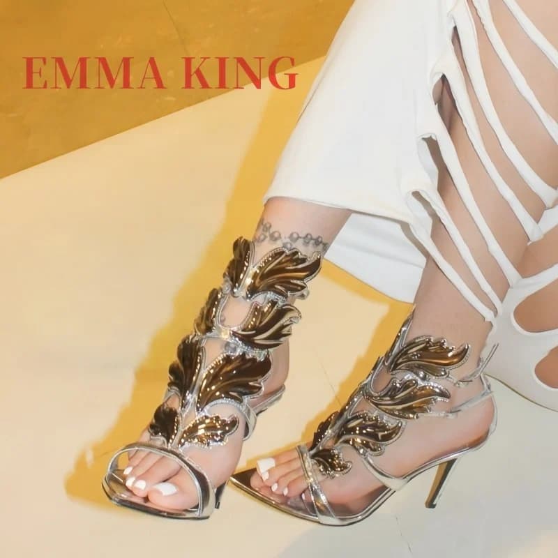 Sandali da Donna con Tacco Alto Metallizzato e Dettagli a Forma di Ali, Scarpe con Tacco a Spillo e Cinturino alla Caviglia, Calzature di Lusso per Feste, Taglie 35-44