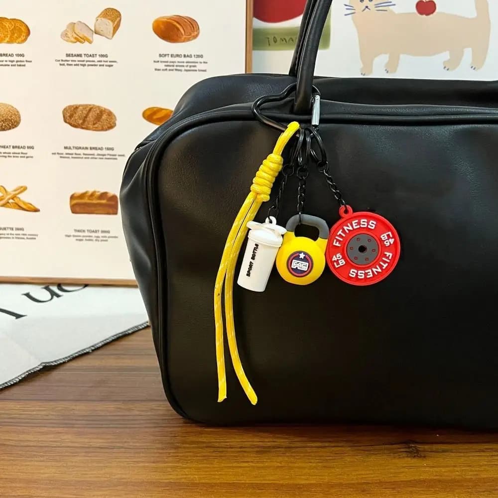 Fitness series pendant with heart buckle Mini bag with pendant Plates with barbell hanging bag Kettlebell creative Simulation Manubri Keychain