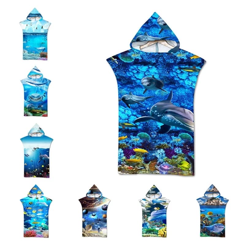 Beach towel with printed hood The Underwater World for Adults Children Bathroom towel with quick drying pool poncho with coat Bathrobe