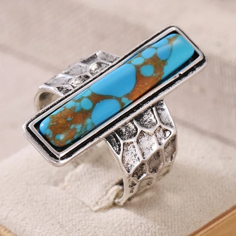 Vintage Bohemian Long Synthetic Turquoise Ring For Women Hammer Patterned Wide Edge Ring Exaggerated Personality Jewelry