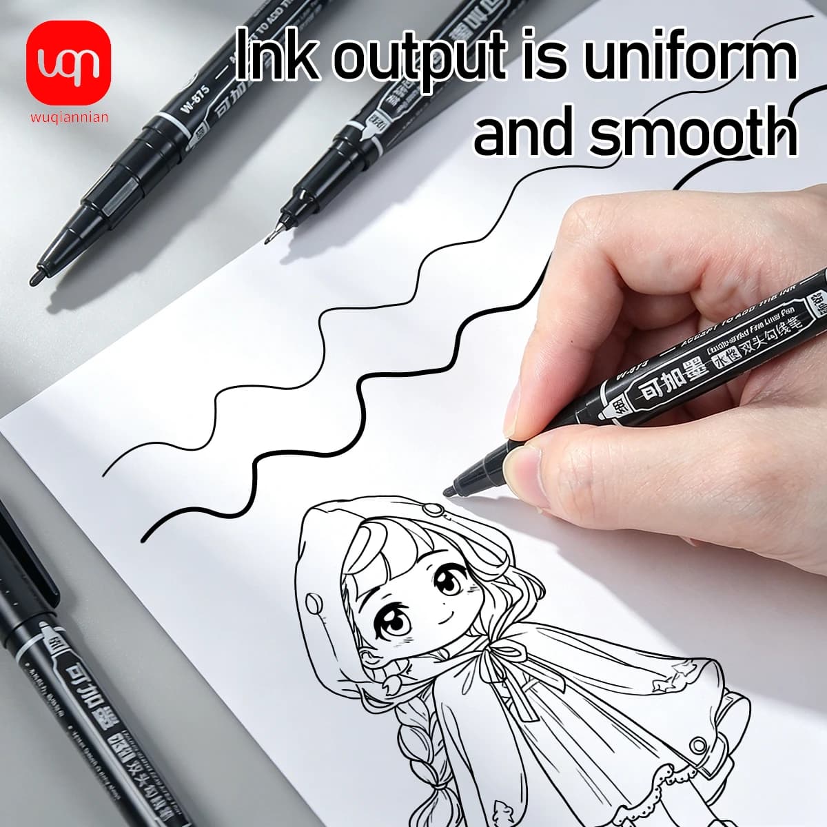 WQN 3/6/12pcs Double-ended Black Practical Liner Pens Calligraphy Pens Quick-drying, Fade-resistant, Colorable, Special for Sket