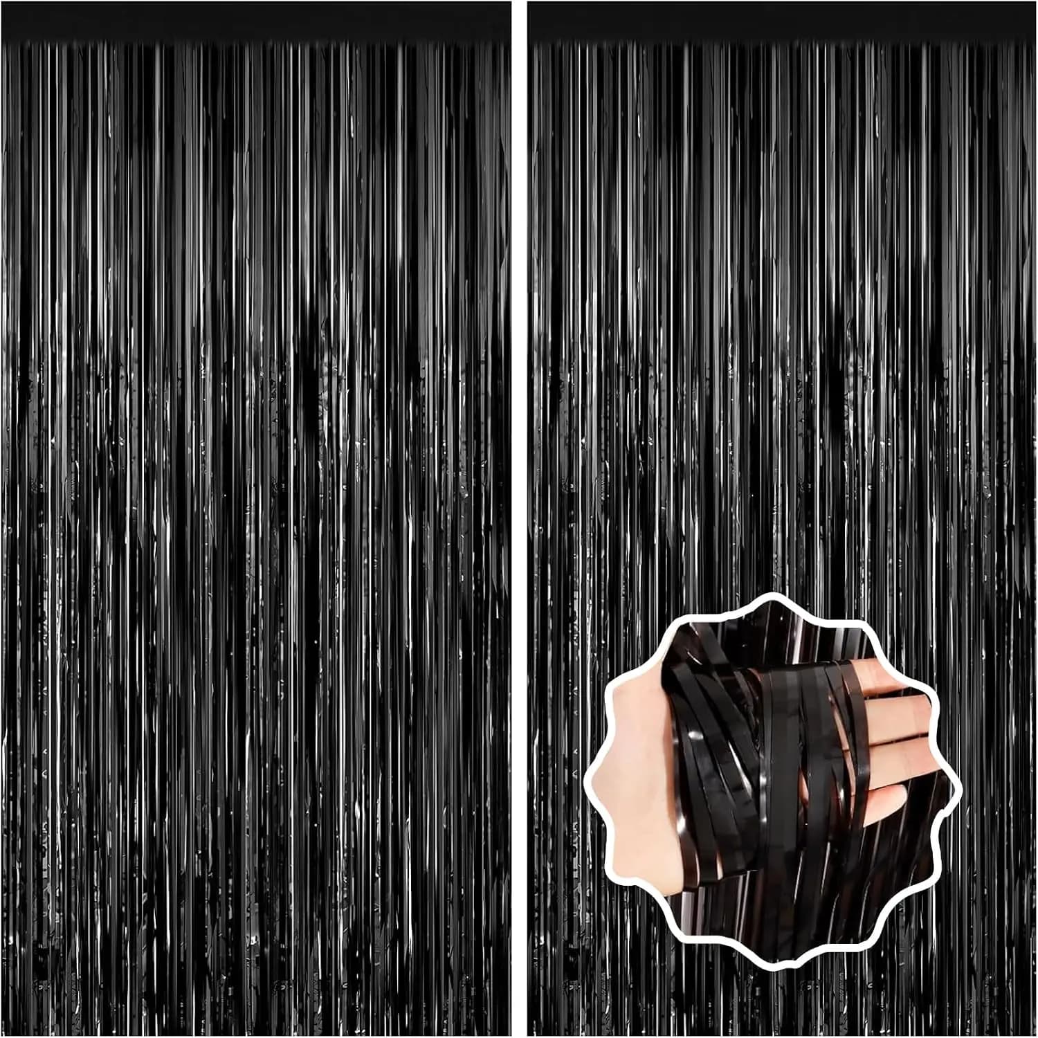 Black Foil Fringe Curtain Party Streamers 2Pack 3.3x8.3 Ft, Black Tinsel Foil Curtain Backdrop Photo Booth Props for Birthday Wedding Bridal Baby Shower Halloween Party Decorations Door Streamers