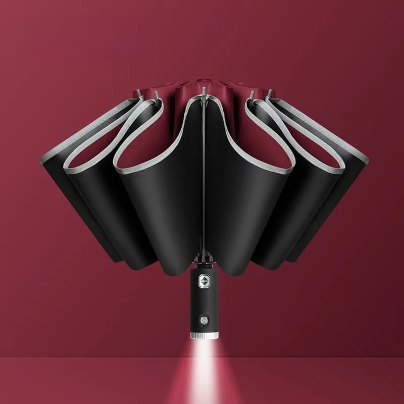 Ombrello pubblicitario con torcia completamente automatica, parasole in plastica nera, per auto, striscia riflettente, pieghevole, soleggiato