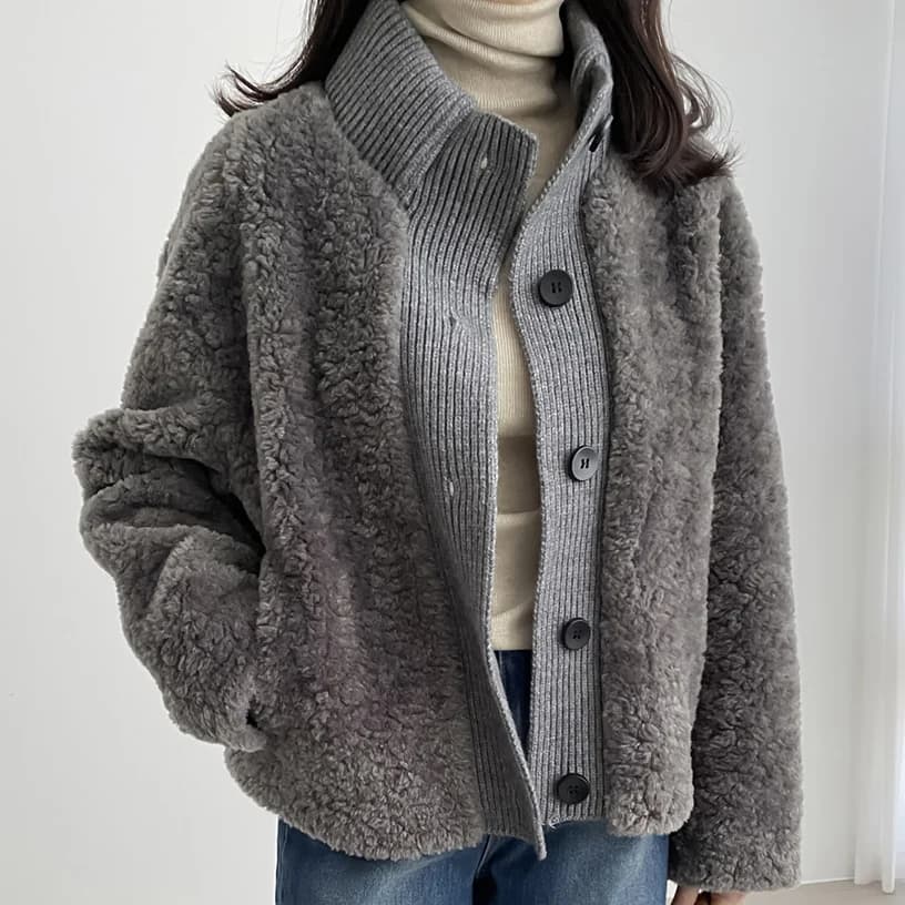 2026 Spring Fashion Women's Loose Knitted Lamb Fur Jacket Casual Style Long Sleeve Stand Collar Polyester Blend Outerwear